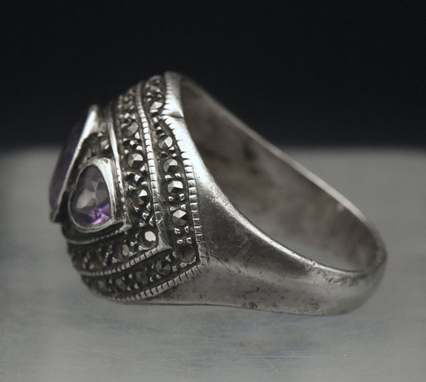 Vintage Amethyst and Marcasite Sterling Silver Ring - Size 8.75 AS IS