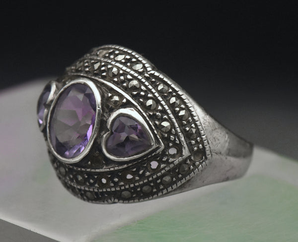 Vintage Amethyst and Marcasite Sterling Silver Ring - Size 8.75 AS IS