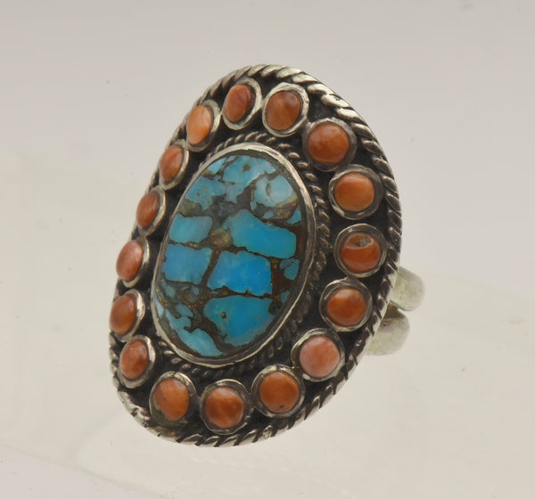 Vintage Handmade Sterling Silver Turquoise and Shell Ring - Size 6