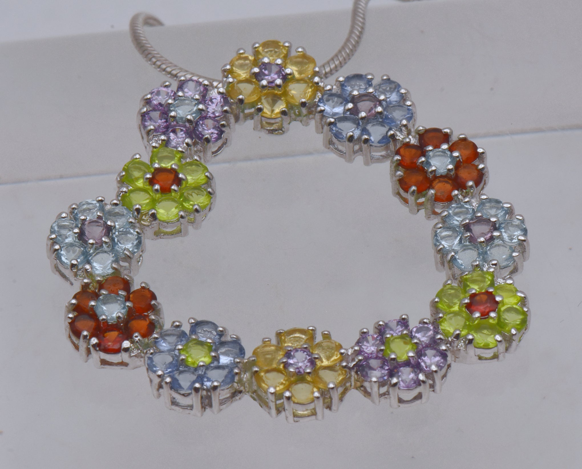 Vintage Colorful Rhinestone Floral Heart Pendant on Chain Necklace - 24"