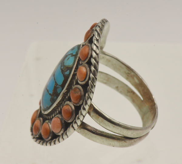 Vintage Handmade Sterling Silver Turquoise and Shell Ring - Size 6