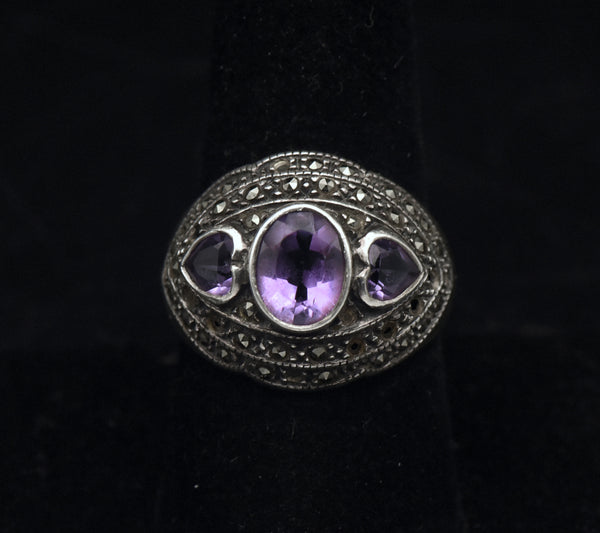 Vintage Amethyst and Marcasite Sterling Silver Ring - Size 8.75 AS IS