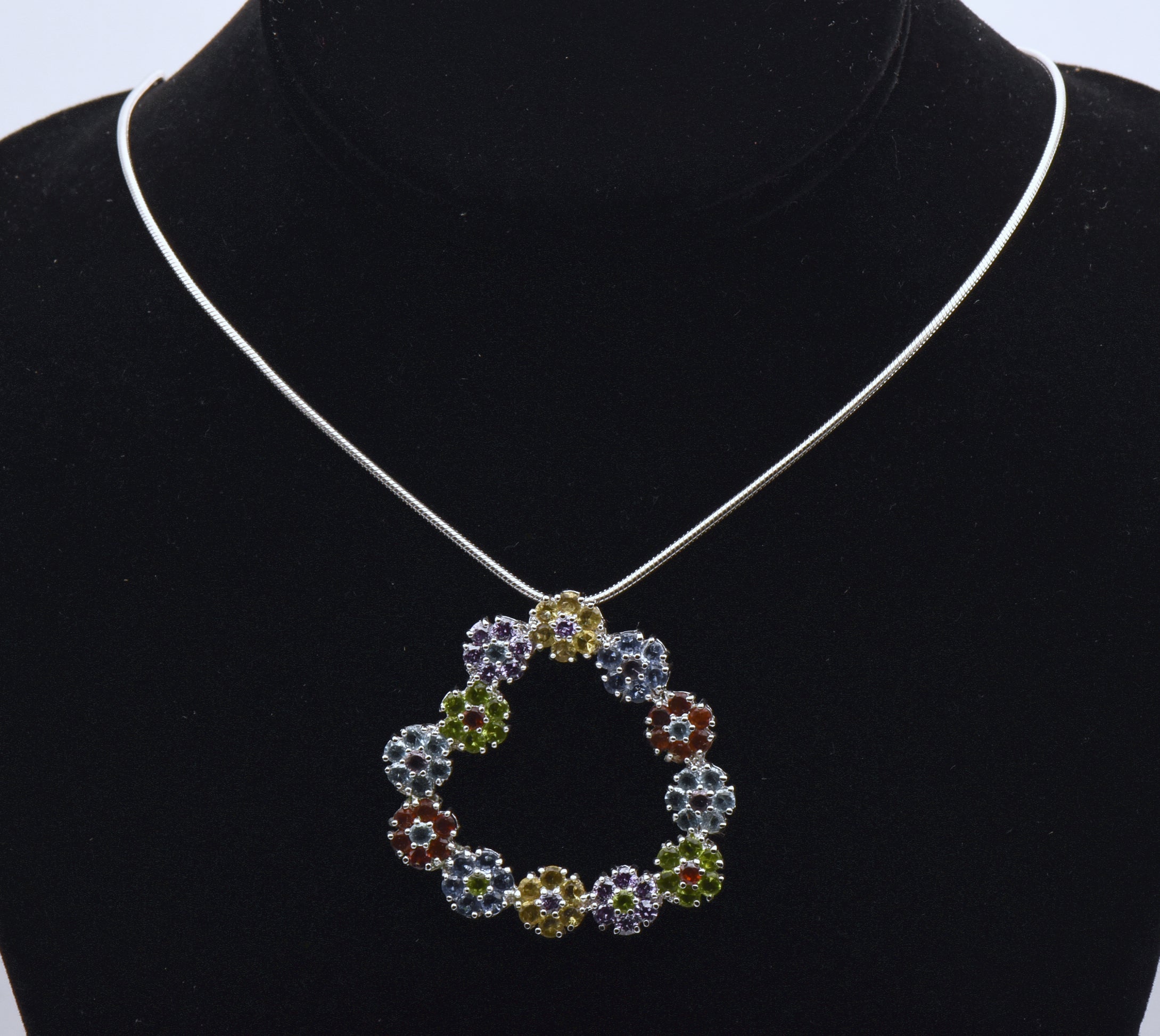Vintage Colorful Rhinestone Floral Heart Pendant on Chain Necklace - 24"