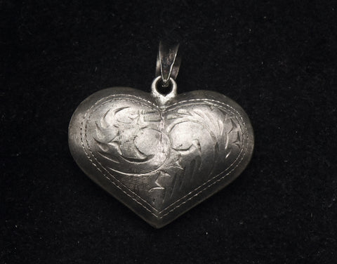 Vintage Sterling Silver Hand Engraved Puffed Heart Pendant