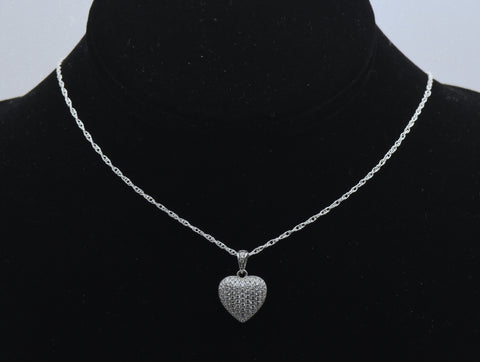 Vintage Pave Set CZ Sterling Silver Heart Pendant Chain Necklace - 18"