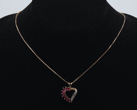 Vintage Synthetic Rubies and Diamond Gold Tone Sterling Silver Heart Pendant Chain Necklace - 18"