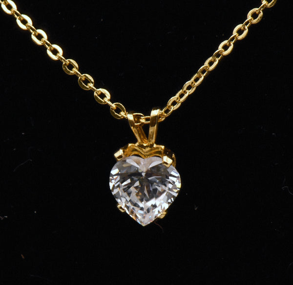 Vintage Heart Cut Cubic Zirconia Pendant Gold Tone Chain Necklace - 18"