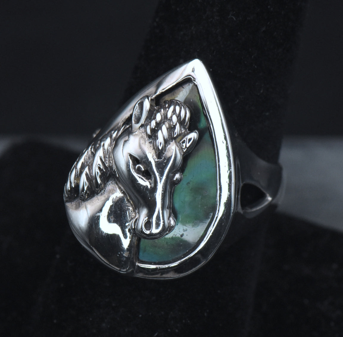 Vintage Sterling Silver Abalone Shell Horse Ring - Size 8