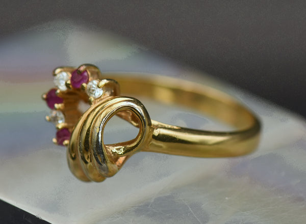 Vintage Ruby and Crystal Gold Plated Heart Ring - Size 9