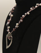 Vintage Beaded Cord Necklace with Gemstones and Faux Pearls, Heart Pendant - 24"