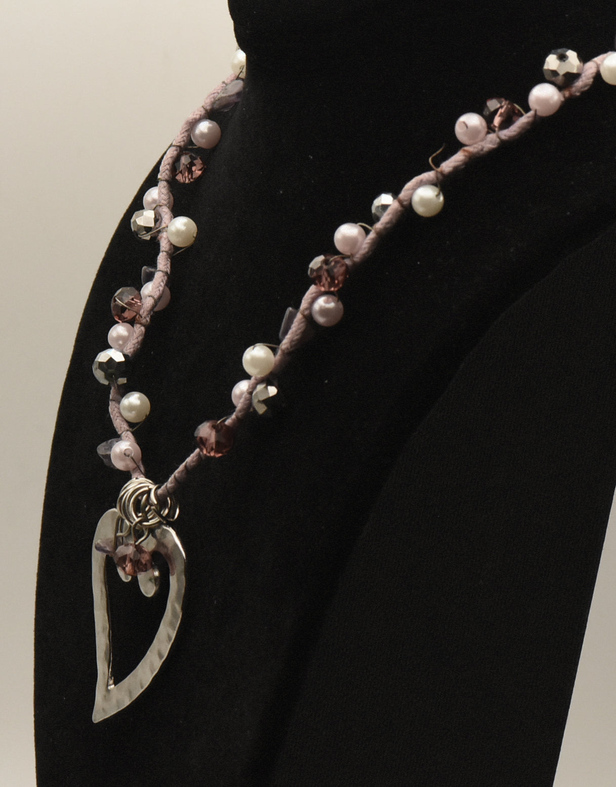 Vintage Beaded Cord Necklace with Gemstones and Faux Pearls, Heart Pendant - 24"