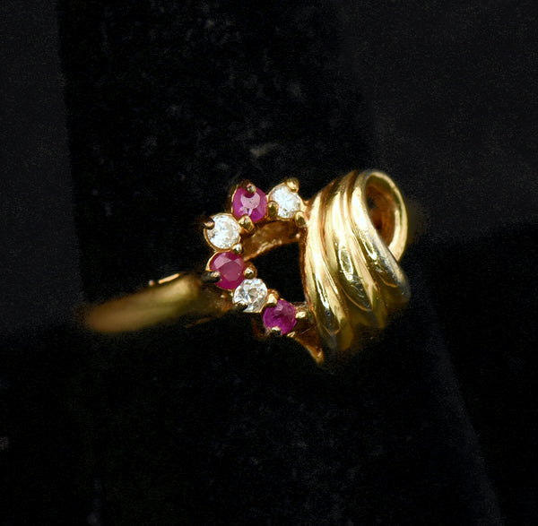 Vintage Ruby and Crystal Gold Plated Heart Ring - Size 9