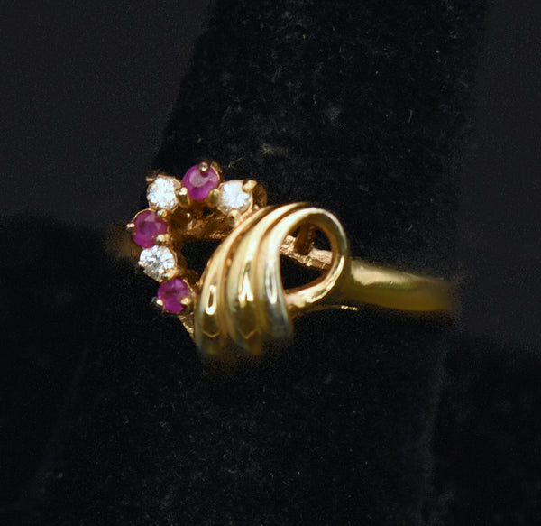 Vintage Ruby and Crystal Gold Plated Heart Ring - Size 9