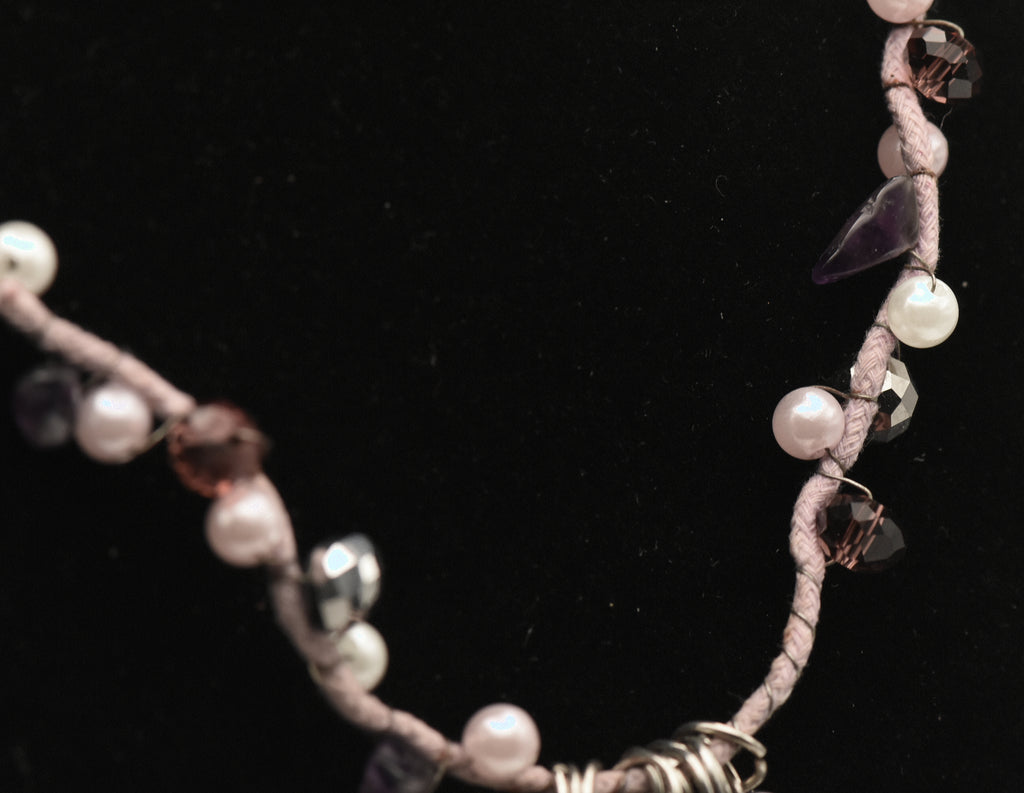 Vintage Beaded Cord Necklace with Gemstones and Faux Pearls, Heart Pendant - 24"