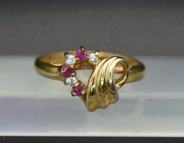 Vintage Ruby and Crystal Gold Plated Heart Ring - Size 9