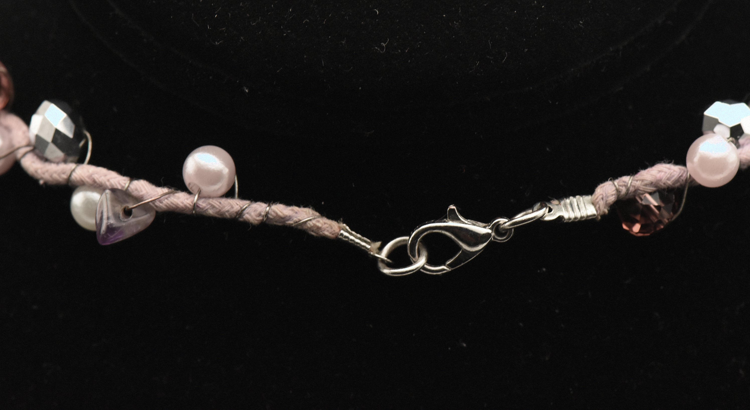 Vintage Beaded Cord Necklace with Gemstones and Faux Pearls, Heart Pendant - 24"