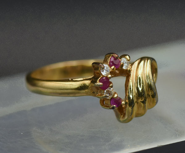 Vintage Ruby and Crystal Gold Plated Heart Ring - Size 9