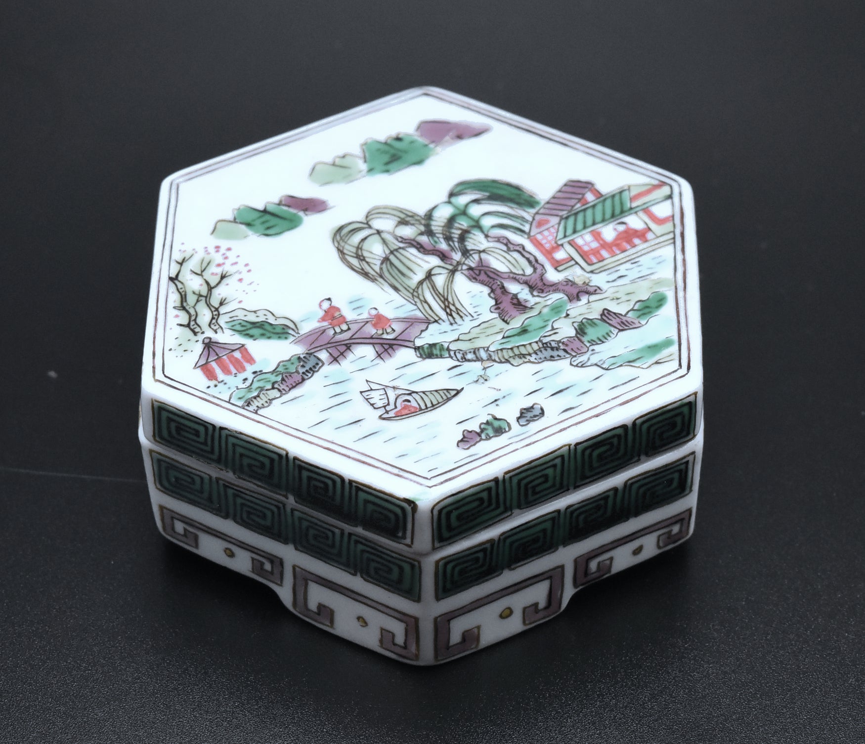 Vintage Hand Painted Ceramic Hexagonal Trinket Lidded Box