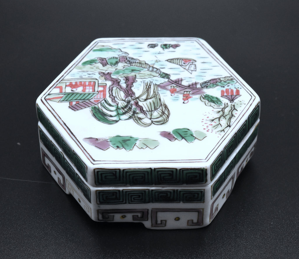 Vintage Hand Painted Ceramic Hexagonal Trinket Lidded Box