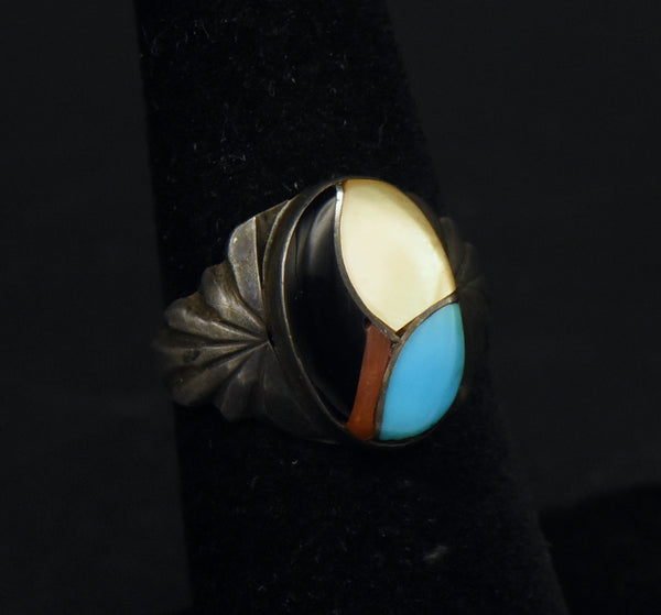 Vintage Handmade Inlaid Gemstone Sterling Silver Ring - Size 5.75