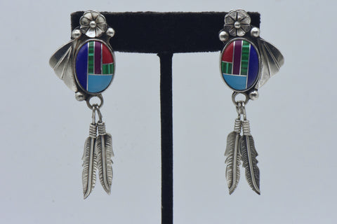 Vintage Handmade Sterling Silver Inlaid Dangle Earrings