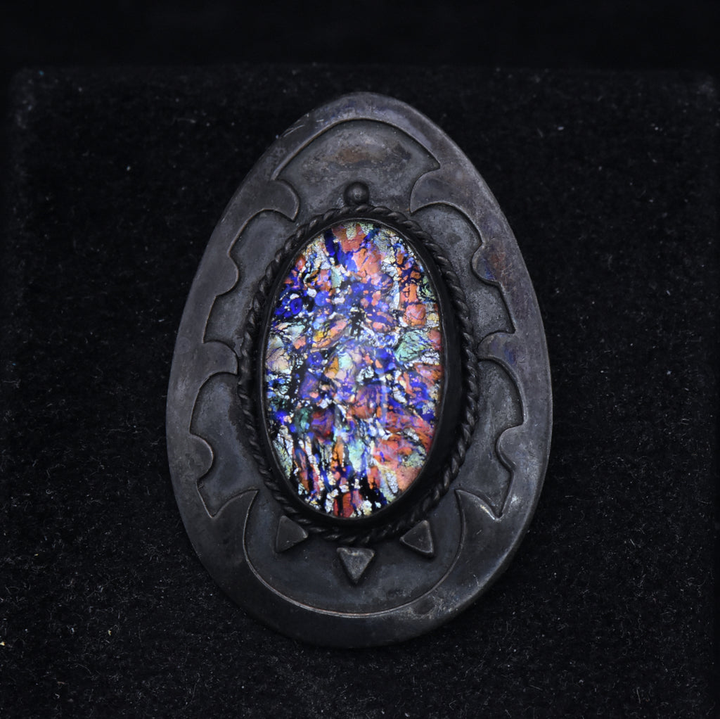 Vintage Handcrafted Sterling Silver and Foil Glass Brooch/Pendant