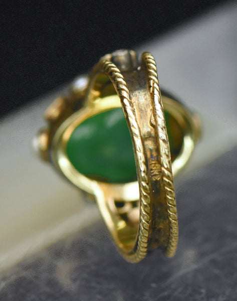 Vintage 18k Gold, Jade, Diamonds and Pearls Ring - Size 6.25