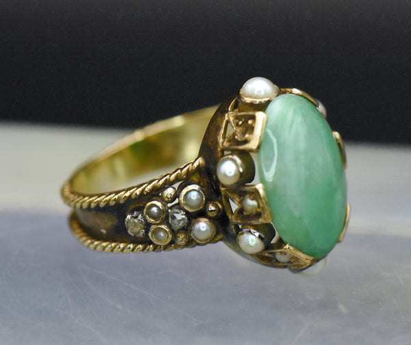 Vintage 18k Gold, Jade, Diamonds and Pearls Ring - Size 6.25