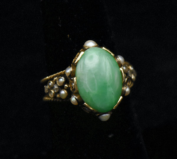 Vintage 18k Gold, Jade, Diamonds and Pearls Ring - Size 6.25