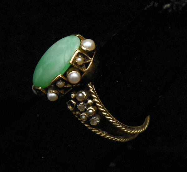 Vintage 18k Gold, Jade, Diamonds and Pearls Ring - Size 6.25