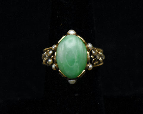 Vintage 18k Gold, Jade, Diamonds and Pearls Ring - Size 6.25