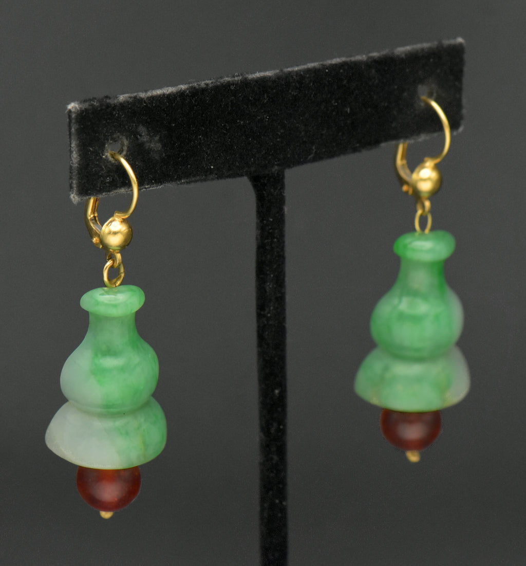 Vintage 14k Gold Carved Jade and Amber Earrings