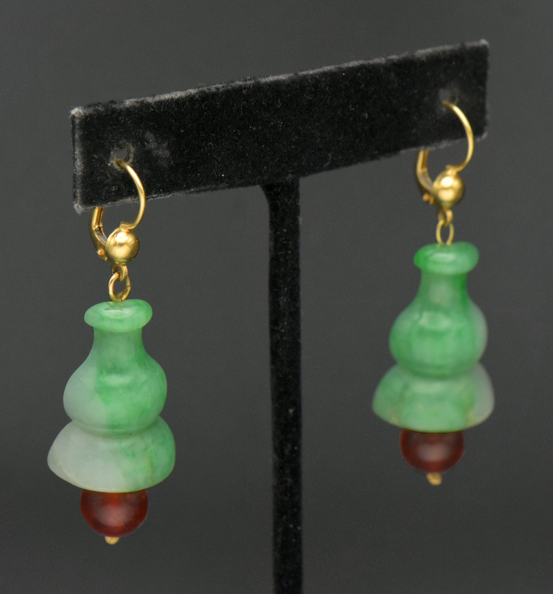 Vintage 14k Gold Carved Jade and Amber Earrings