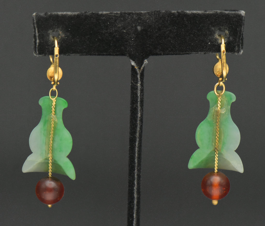Vintage 14k Gold Carved Jade and Amber Earrings