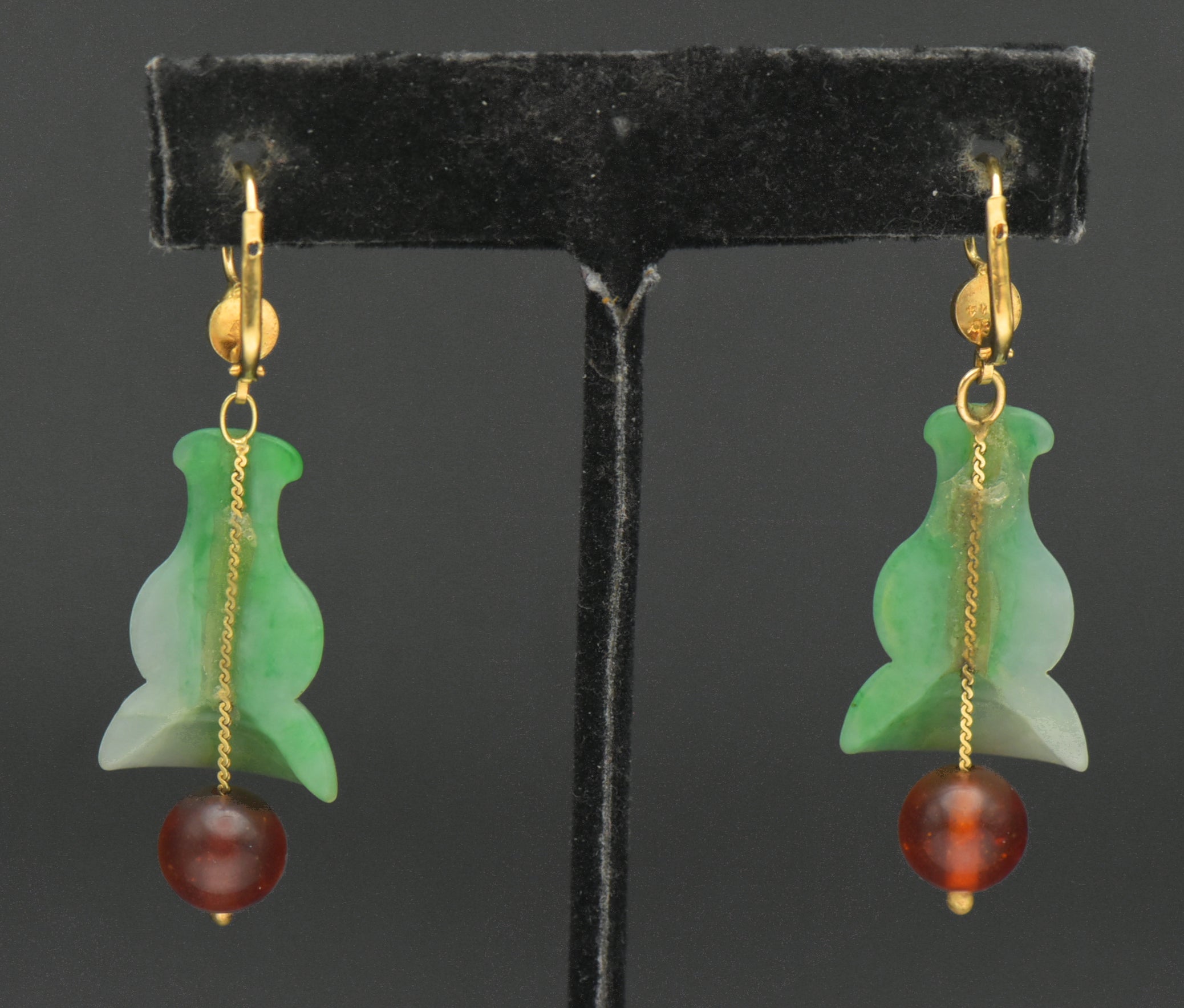 Vintage 14k Gold Carved Jade and Amber Earrings