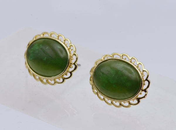 Oval Jade Gold Tone Stud Earrings