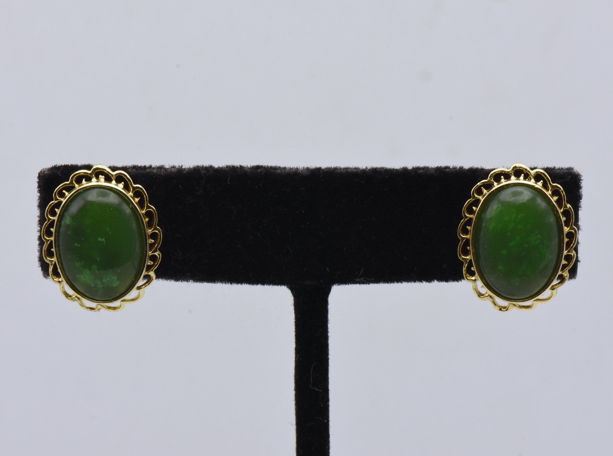 Oval Jade Gold Tone Stud Earrings