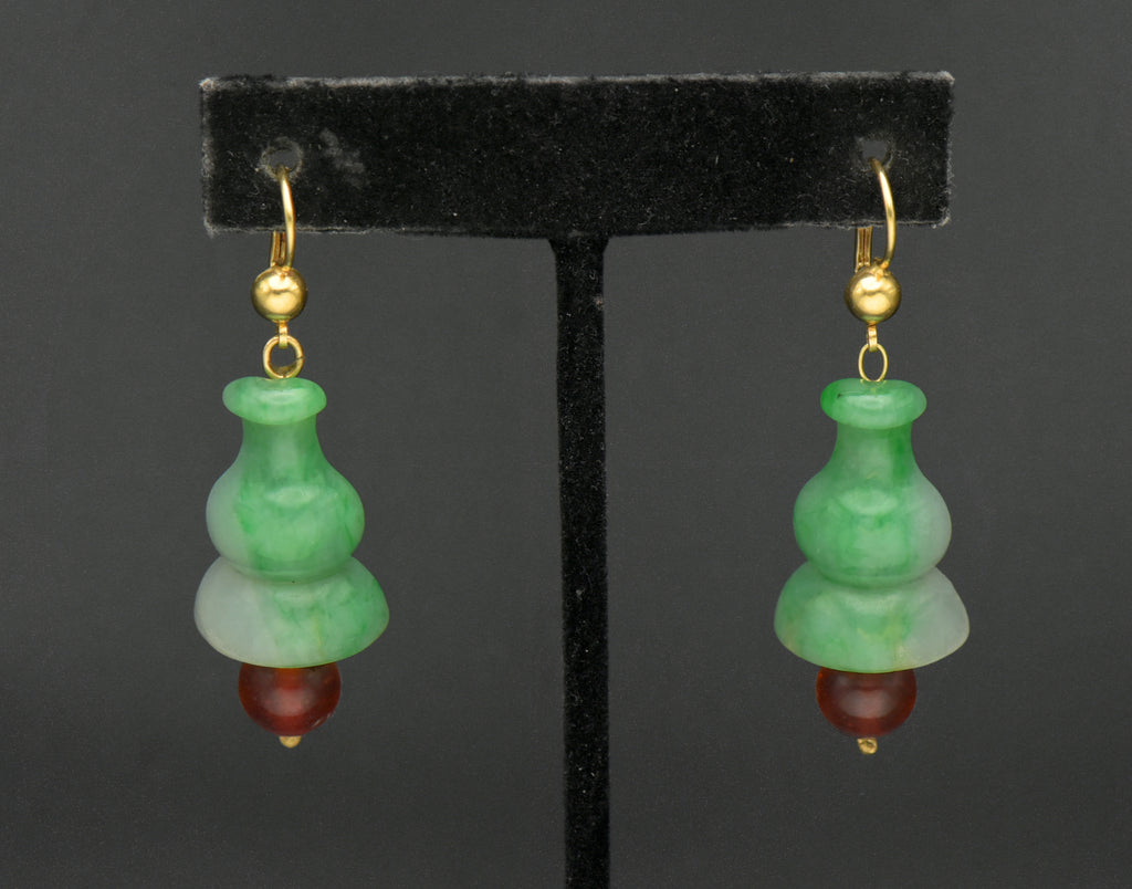Vintage 14k Gold Carved Jade and Amber Earrings