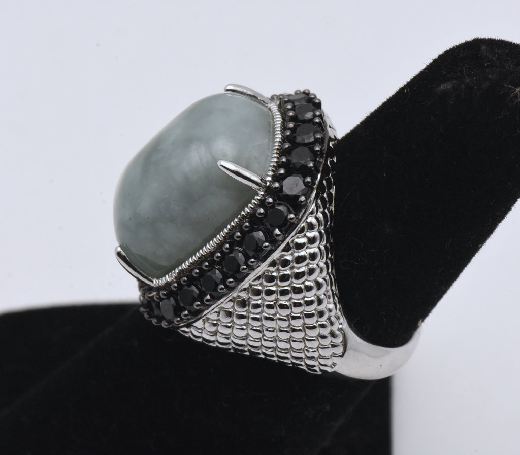 Vintage Sterling Silver Jade and Black Tourmaline Ring - Size 5