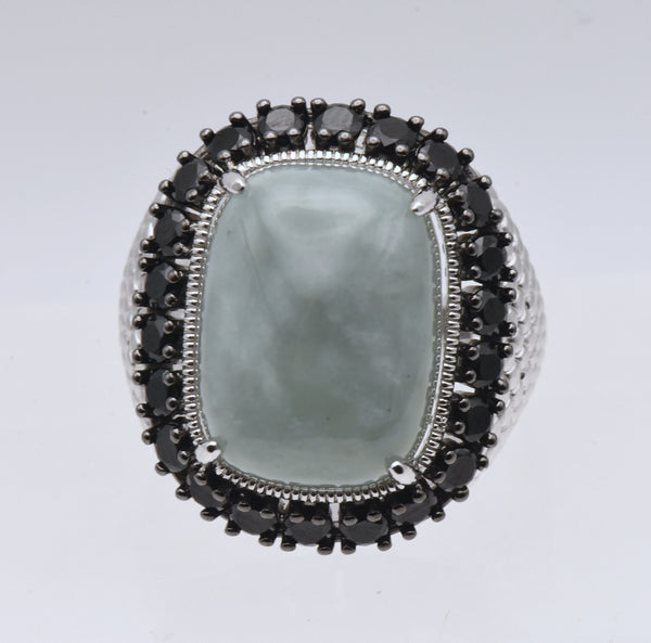 Vintage Sterling Silver Jade and Black Tourmaline Ring - Size 5