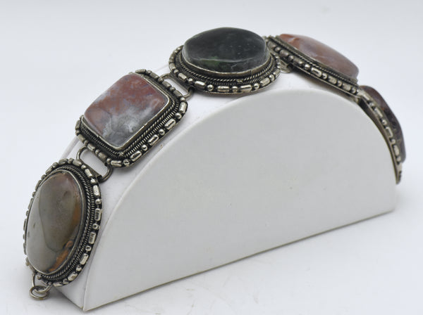 Vintage Handmade Jasper Silver Plate Chunky Bracelet