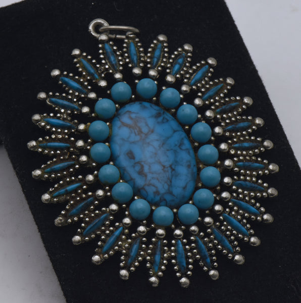 Jonette Jewelry - Needlepoint SIlver Tone Metal Faux Turquoise Pendant