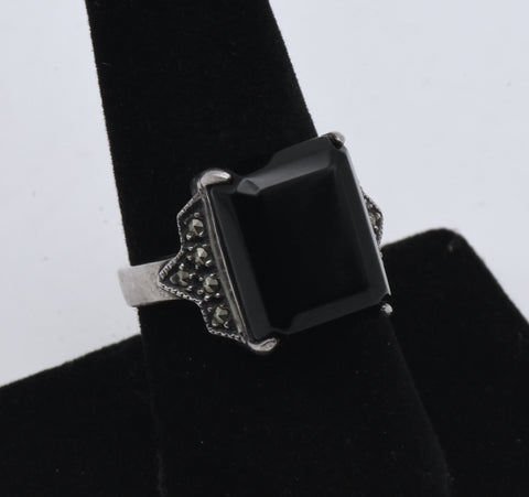 Judith Jack - Vintage Sterling Silver Black Onyx and Marcasite Ring - Size 8