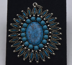 Jonette Jewelry - Needlepoint SIlver Tone Metal Faux Turquoise Pendant