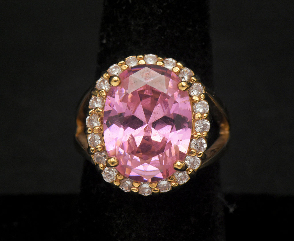 Vintage Jackie Kennedy Gold Plated Sterling Silver Pink Halo Ring - Size 7.25