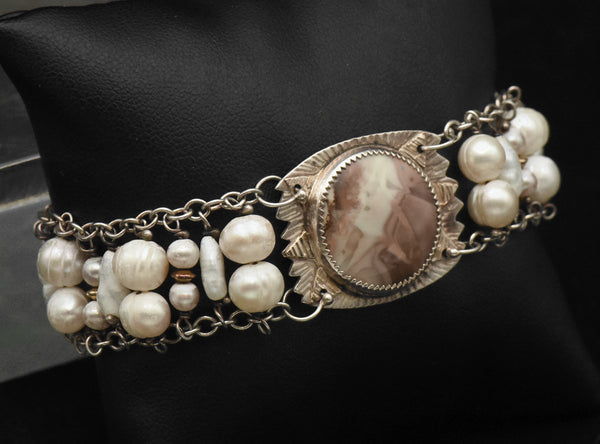 Julie Shaw - Vintage Handmade Sterling Silver and 14K Gold, Jasper and Pearls Bracelet - 7.5"