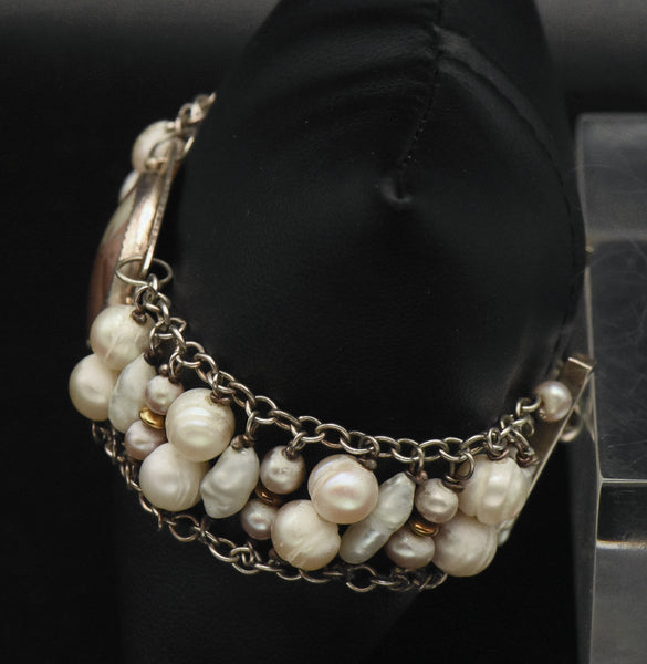 Julie Shaw - Vintage Handmade Sterling Silver and 14K Gold, Jasper and Pearls Bracelet - 7.5"