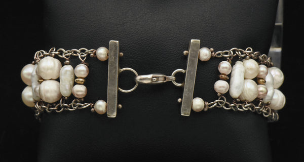 Julie Shaw - Vintage Handmade Sterling Silver and 14K Gold, Jasper and Pearls Bracelet - 7.5"