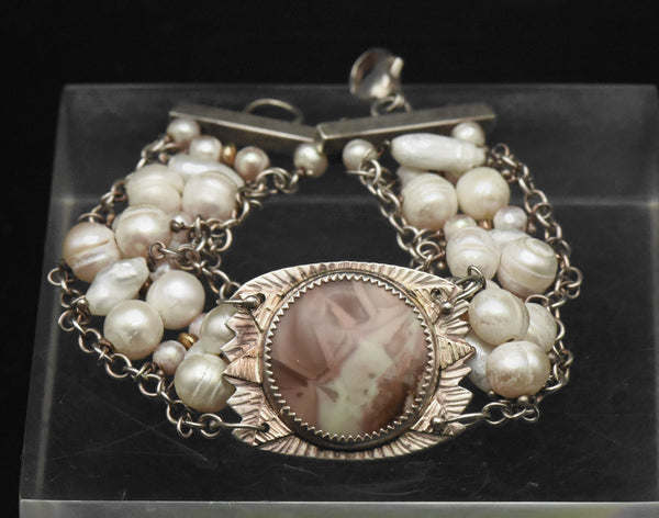 Julie Shaw - Vintage Handmade Sterling Silver and 14K Gold, Jasper and Pearls Bracelet - 7.5"