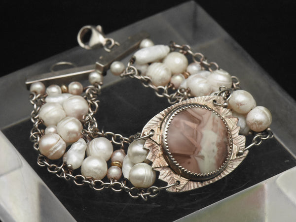 Julie Shaw - Vintage Handmade Sterling Silver and 14K Gold, Jasper and Pearls Bracelet - 7.5"